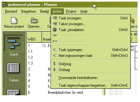 Projectplanner 10 Begin van een taak Alle taken beginnen op de datum van het projectbegin. Een uitzondering hierop is het geval waar een afhankelijkheid aanwezig is.