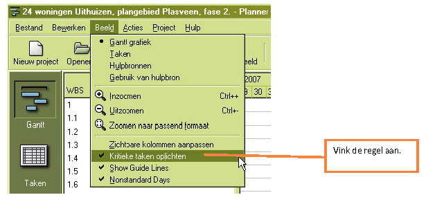 Korte handleiding 11 Kritieke pad aangeven Om de taken te laten zien welke op het kritieke pad zijn gelegen, drukt u op Beeld en vervolgens op Kritieke taken