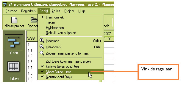 Projectplanner 12 Het aangeven van de horizontale belijning Om de gebruiker in staat te stellen om in het beeld Gantt het resultaat van de getoonde balken