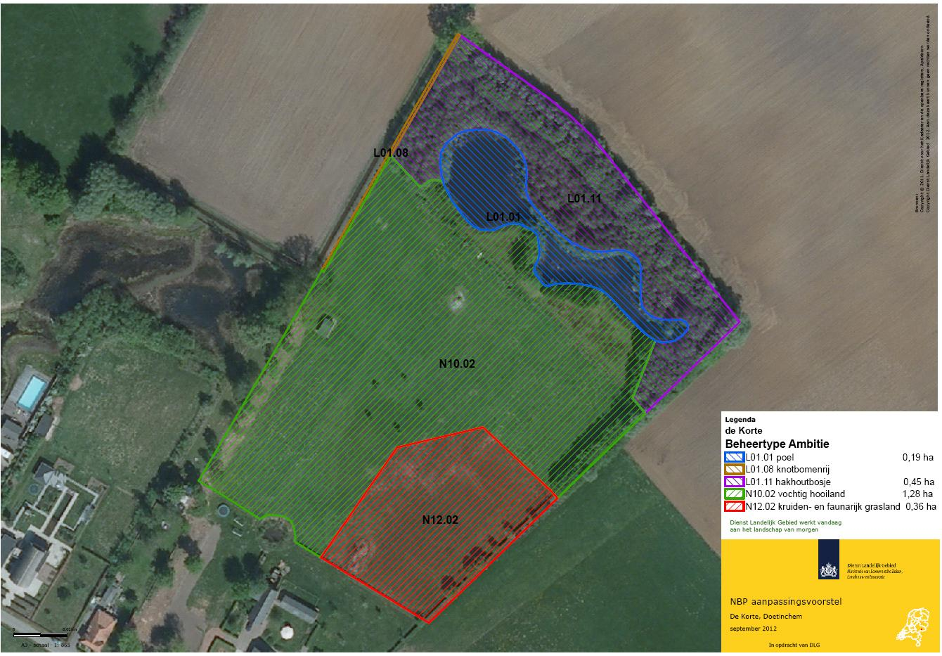 Afbeelding 6: Inrichtingsplan Het terreindeel N10.02 wordt ingericht als vochtig hooiland met begrazing 1.28 ha. Afgraven bouwvoor gemiddeld 1 cm diep en maximaal 30 cm. (1920m3) Terreindeel L01.