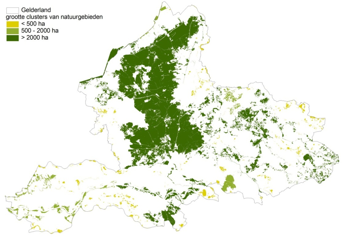 echter niet groot. Bij de afstandsnorm van 500 meter neemt het aantal clusters af van 196 in de huidige EHS naar 183 in de Herijkte EHS.