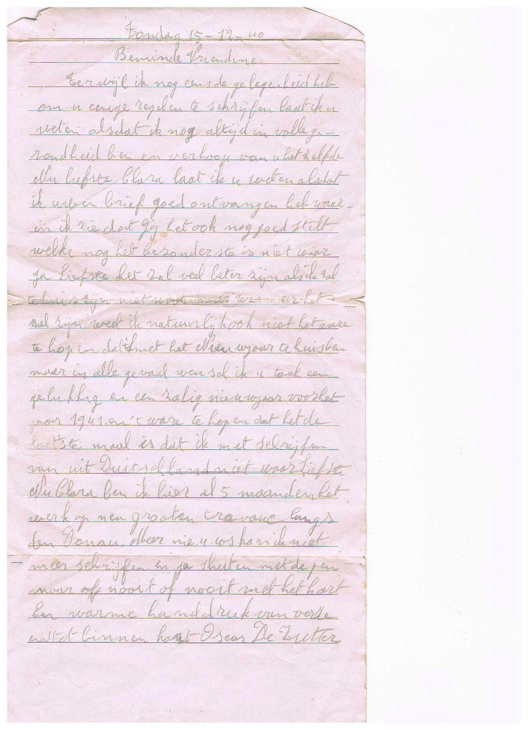 Brief uit Stalag 17 B van Oscar De Zutter, geschreven naar