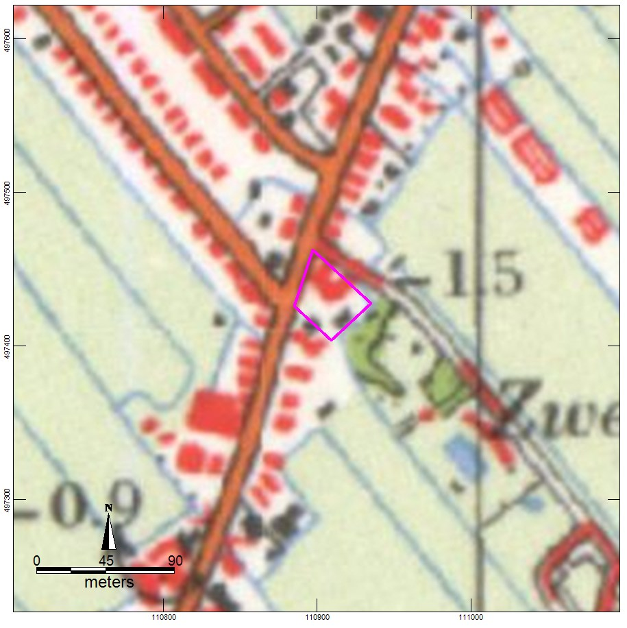 Afbeelding 6. Topografische kaart uit circa 1963. 11 Het is het pand op de kaart van 1963 dat waarschijnlijk gesloopt is in 2012 (zie volgende hoofdstuk).