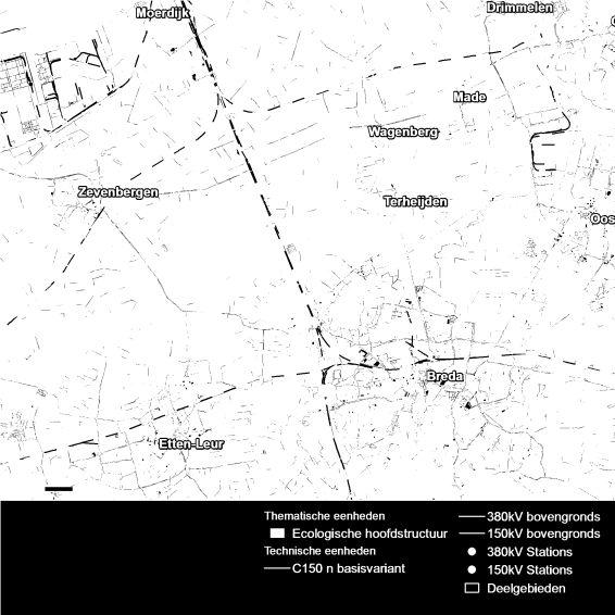 Afbeelding 52 EHS ten noordwesten van Breda Ten noorden van Breda is de enige mogelijkheid om een tracé in de richting van de landelijke 380kV-ring bij Tilburg te maken een smalle corridor in het