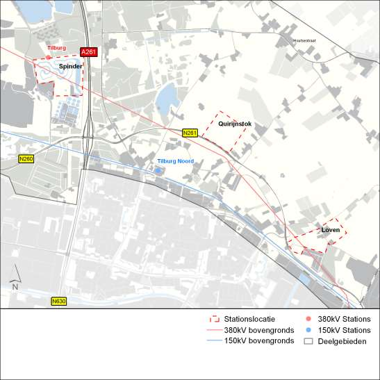 Afbeelding 68 Locaties voor het 380kV-hoogspanningsstation Tilburg en de bijbehorende verbindingen Locatie 1: Variant Spinder Deze locatie ligt ten westen van de A261 in een gebied met een redelijk