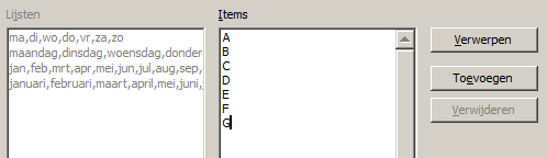 Afbeelding 24: Vooraf gedefinieerde sorteerlijsten 2) Klik op Nieuw. Het vak Items wordt leeg gemaakt.