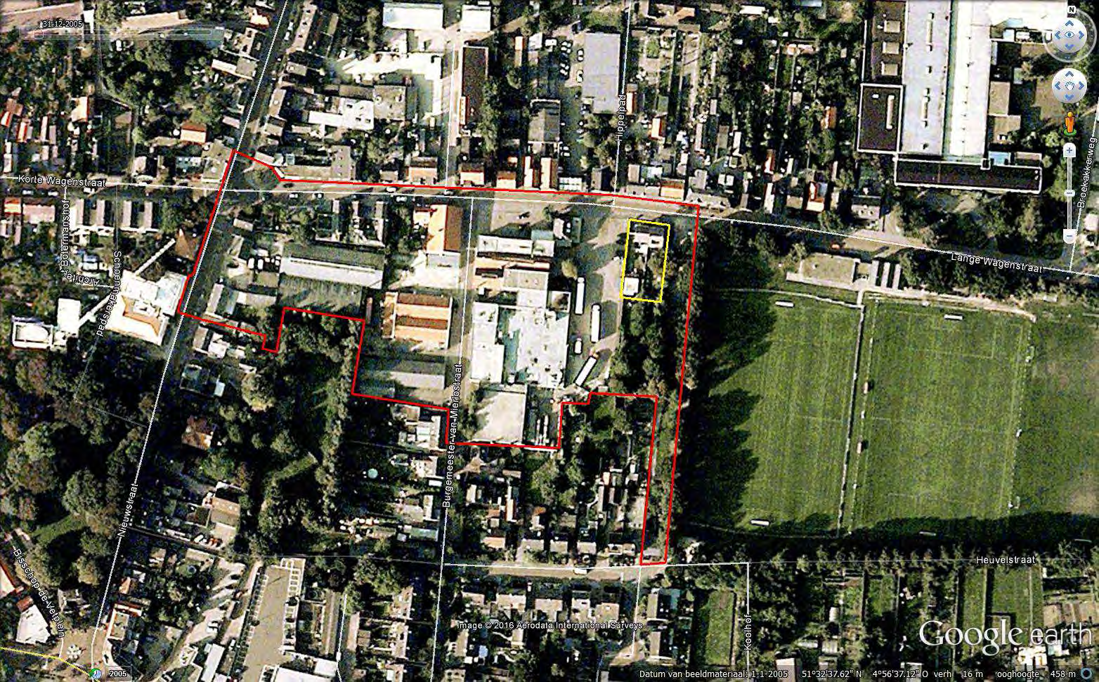 Gemeente Gilze en Rijen Centrumplan Gilze Blad 9. Luchtfoto met globale begrenzing bestemmingsplangebied (rood) en Exploitatiegebied (rood en geel) Bron: Google Earth, 20