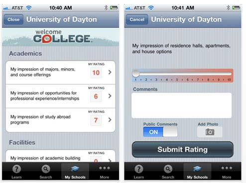 Welcome to college Een applicatie voor de iphone waarmee de Amerikaanse student bezochte scholen kan beoordelen. De applicatie is een digitaal notitieblok om mee te nemen naar een open dag.