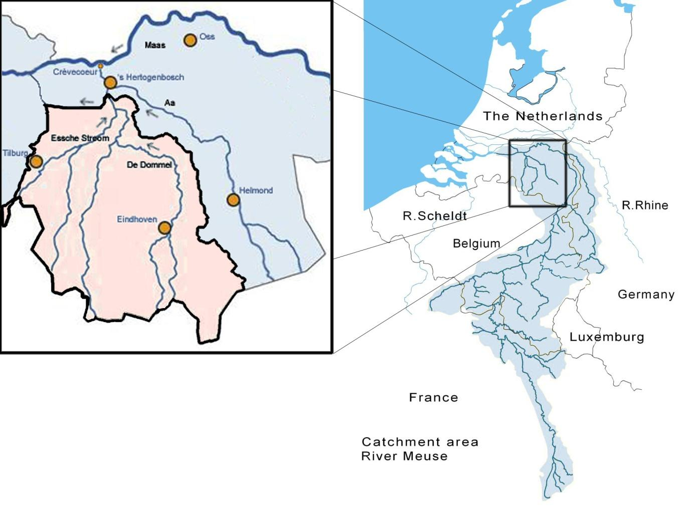 Figuur 1-1: Stroomgebied van de Maas met inzet van de Nederlandse stroomgebieden De Dommel en de Aa. Vrij naar: http://www.brabantsewaterkaart.nl en http://www.riou.be/nl/?l1=11.ardennen&l2=1.