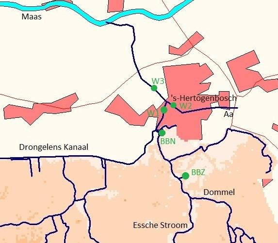 Om de oorzaak van mogelijke verslechteringen in de situatie bij s-hertogenbosch beter te doorgronden; zijn de debieten van alle grote watergangen rond s-hertogenbosch in kaart gebracht.