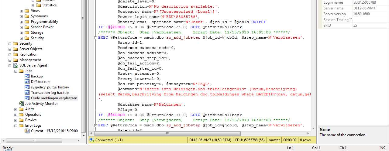 SQL Server 2008 R2 - Labo 4-16 1.5 Creëren van een script van een job Creëer een script van de job uit de vorige oefening.