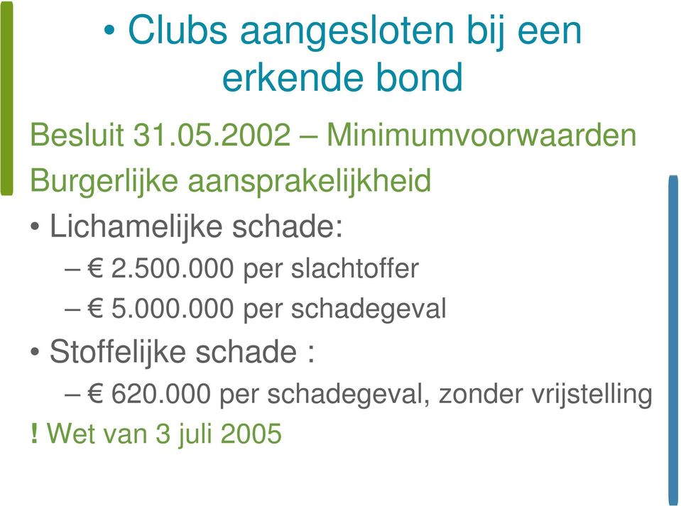 schade: 2.500.000 per slachtoffer 5.000.000 per schadegeval Stoffelijke schade : 620.