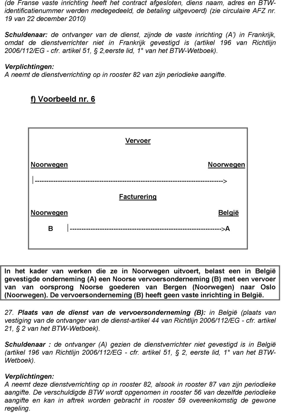 2006/112/EG - cfr. artikel 51, 2,eerste lid, 1 van het TW-Wetboek). A neemt de dienstverrichting op in rooster 82 van zijn periodieke aangifte. f) Voorbeeld nr.