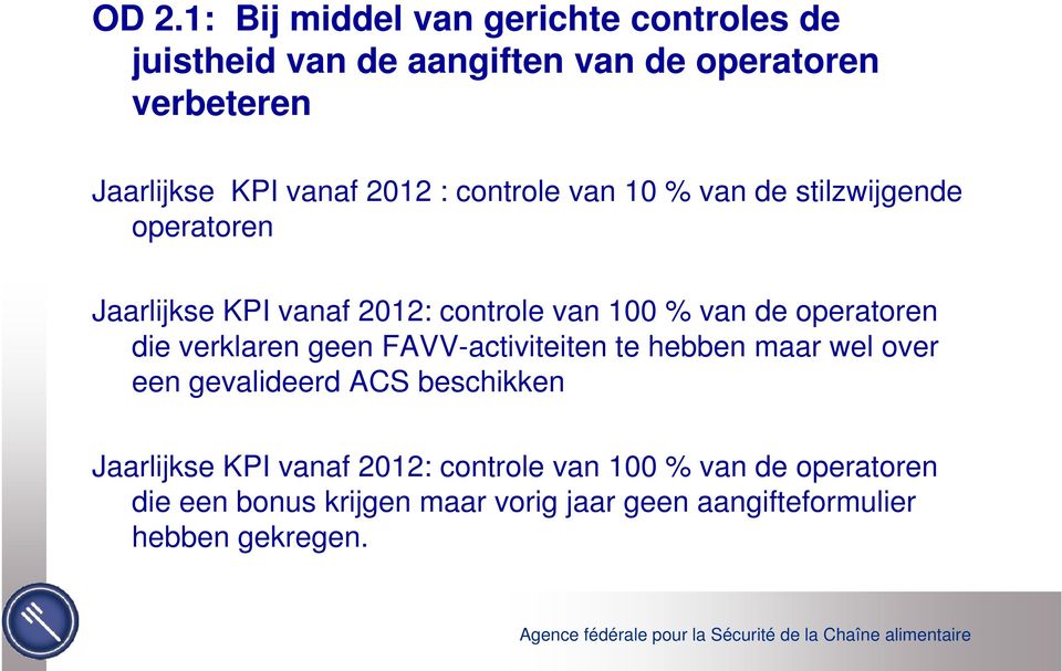 operatoren die verklaren geen FAVV-activiteiten te hebben maar wel over een gevalideerd ACS beschikken Jaarlijkse KPI