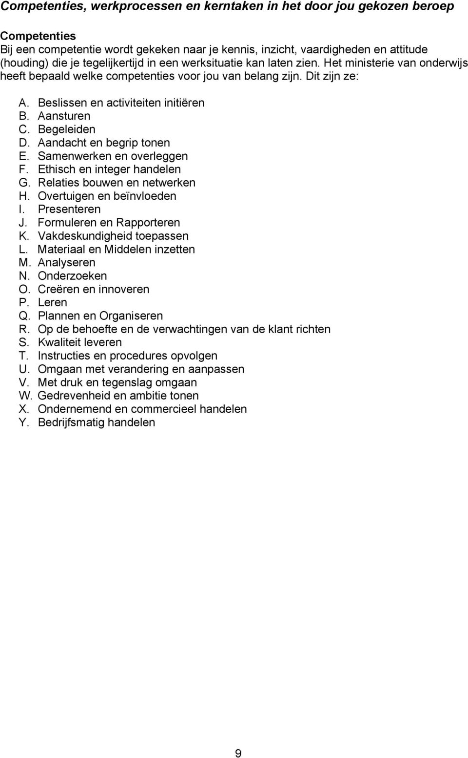 Aansturen C. Begeleiden D. Aandacht en begrip tonen E. Samenwerken en overleggen F. Ethisch en integer handelen G. Relaties bouwen en netwerken H. Overtuigen en beïnvloeden I. Presenteren J.