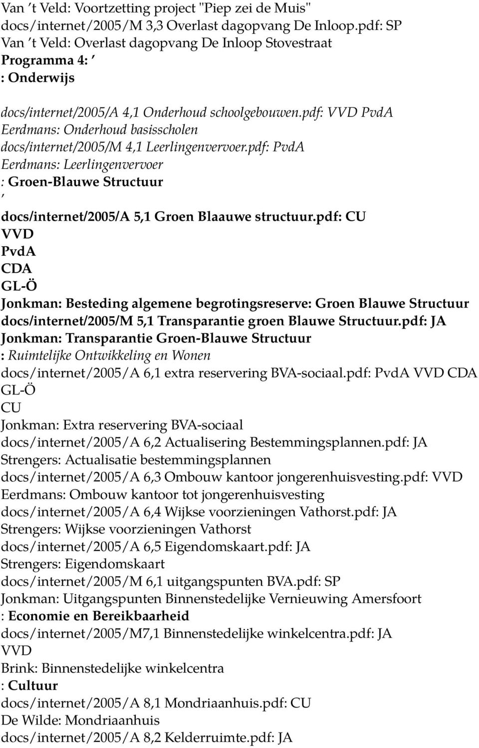 pdf: Eerdmans: Onderhoud basisscholen docs/internet/2005/m 4,1 Leerlingenvervoer.pdf: Eerdmans: Leerlingenvervoer : Groen-Blauwe Structuur docs/internet/2005/a 5,1 Groen Blaauwe structuur.