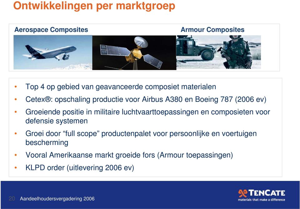luchtvaarttoepassingen en composieten voor defensie systemen Groei door full scope productenpalet voor persoonlijke