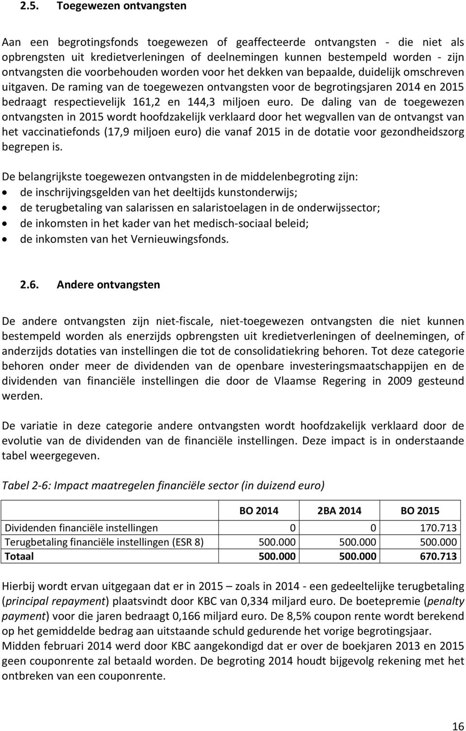De raming van de toegewezen ontvangsten voor de begrotingsjaren 2014 en 2015 bedraagt respectievelijk 161,2 en 144,3 miljoen euro.