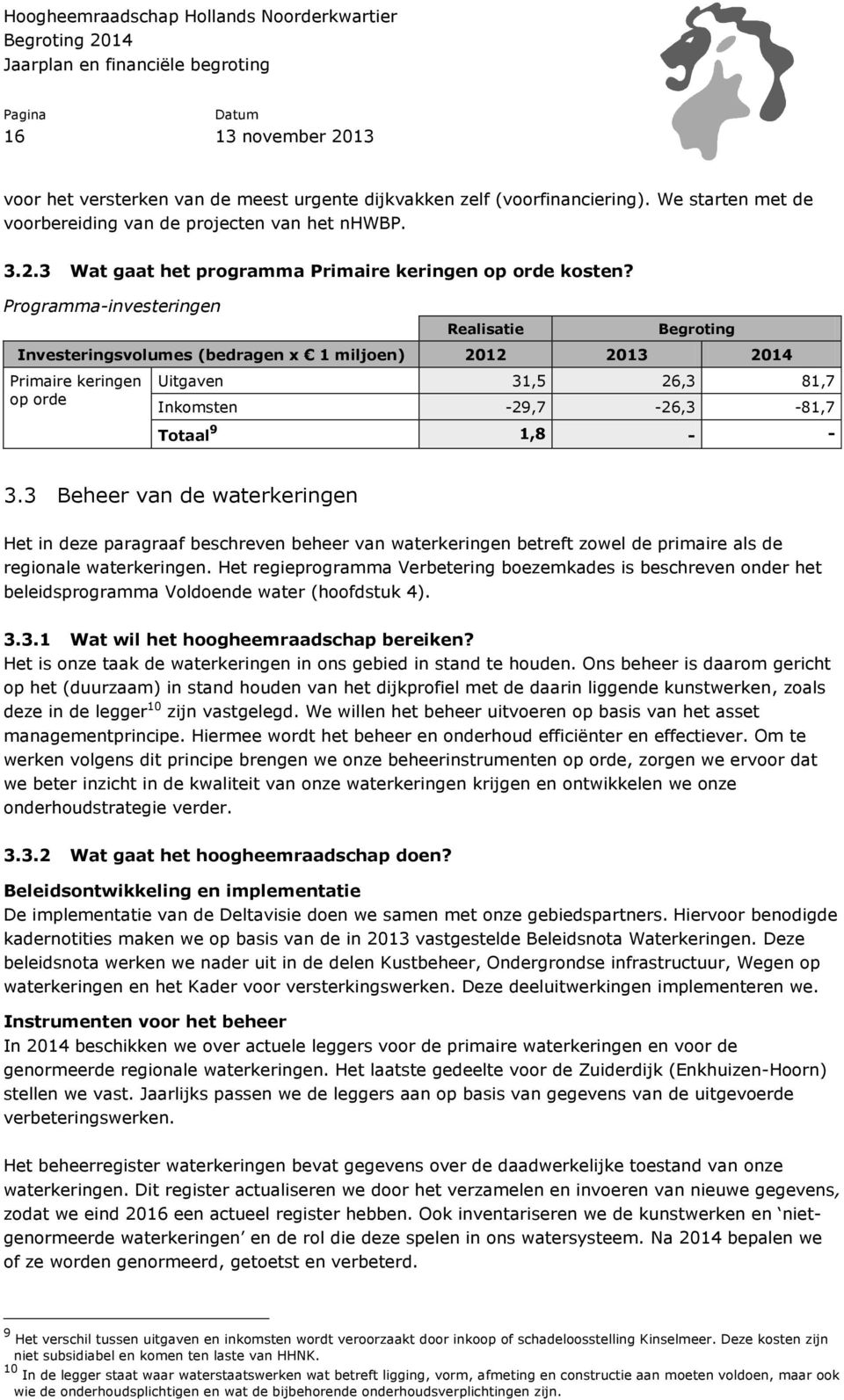 Programma-investeringen Realisatie Begroting Investeringsvolumes (bedragen x 1 miljoen) 2012 2013 2014 Primaire keringen op orde Uitgaven 31,5 26,3 81,7 Inkomsten -29,7-26,3-81,7 Totaal 9 1,8 - - 3.