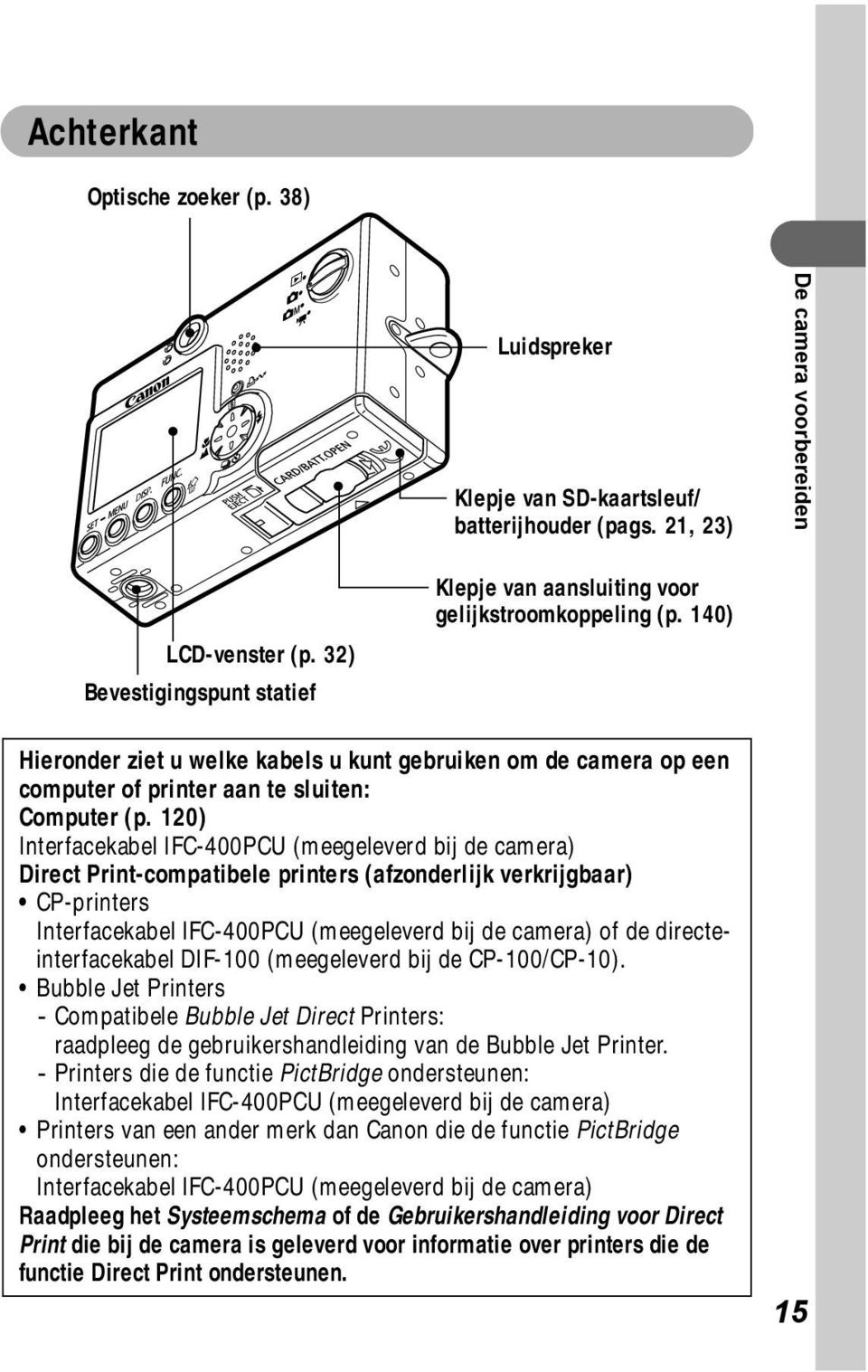 140) Hieronder ziet u welke kabels u kunt gebruiken om de camera op een computer of printer aan te sluiten: Computer (p.