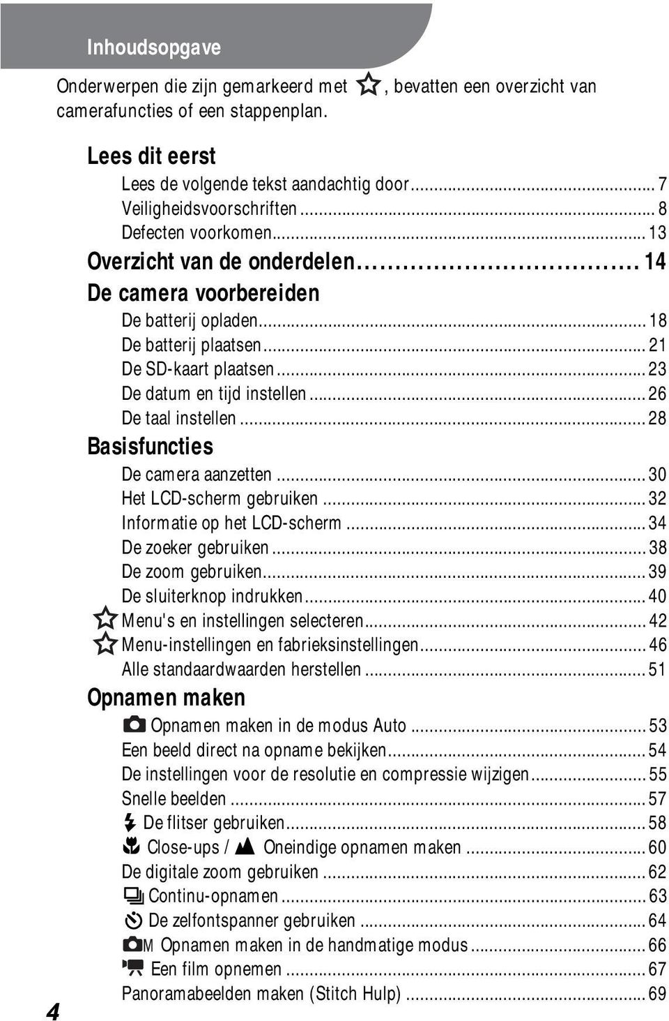 .. 26 De taal instellen... 28 Basisfuncties De camera aanzetten... 30 Het LCD-scherm gebruiken... 32 Informatie op het LCD-scherm... 34 De zoeker gebruiken... 38 De zoom gebruiken.