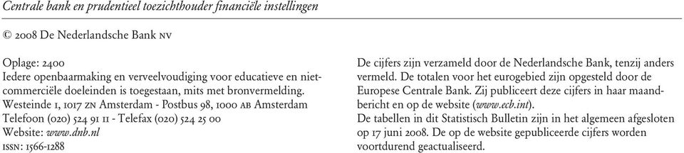 nl issn: 1566-1288 De cijfers zijn verzameld door de Nederlandsche Bank, tenzij anders vermeld. De totalen voor het eurogebied zijn opgesteld door de Europese Centrale Bank.