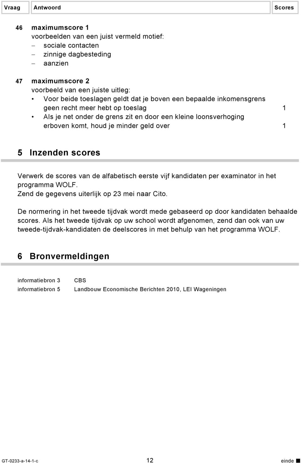 scores van de alfabetisch eerste vijf kandidaten per examinator in het programma WOLF. Zend de gegevens uiterlijk op 23 mei naar Cito.