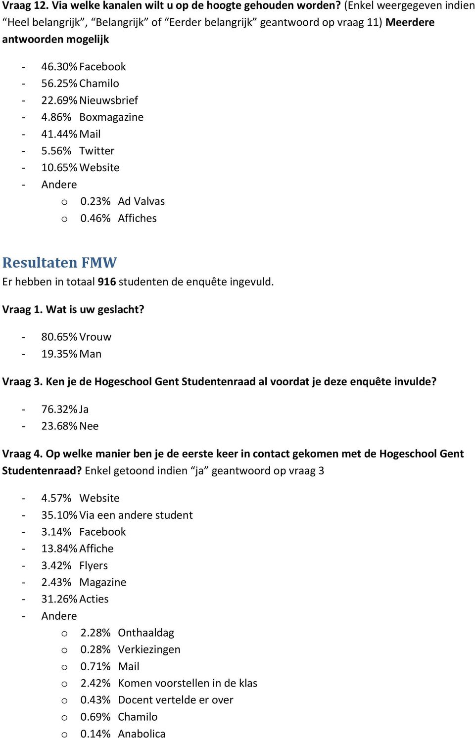 46% Affiches Resultaten FMW Er hebben in totaal 916 studenten de enquête ingevuld. Vraag 1. Wat is uw geslacht? - 80.65% Vrouw - 19.35% Man Vraag 3.