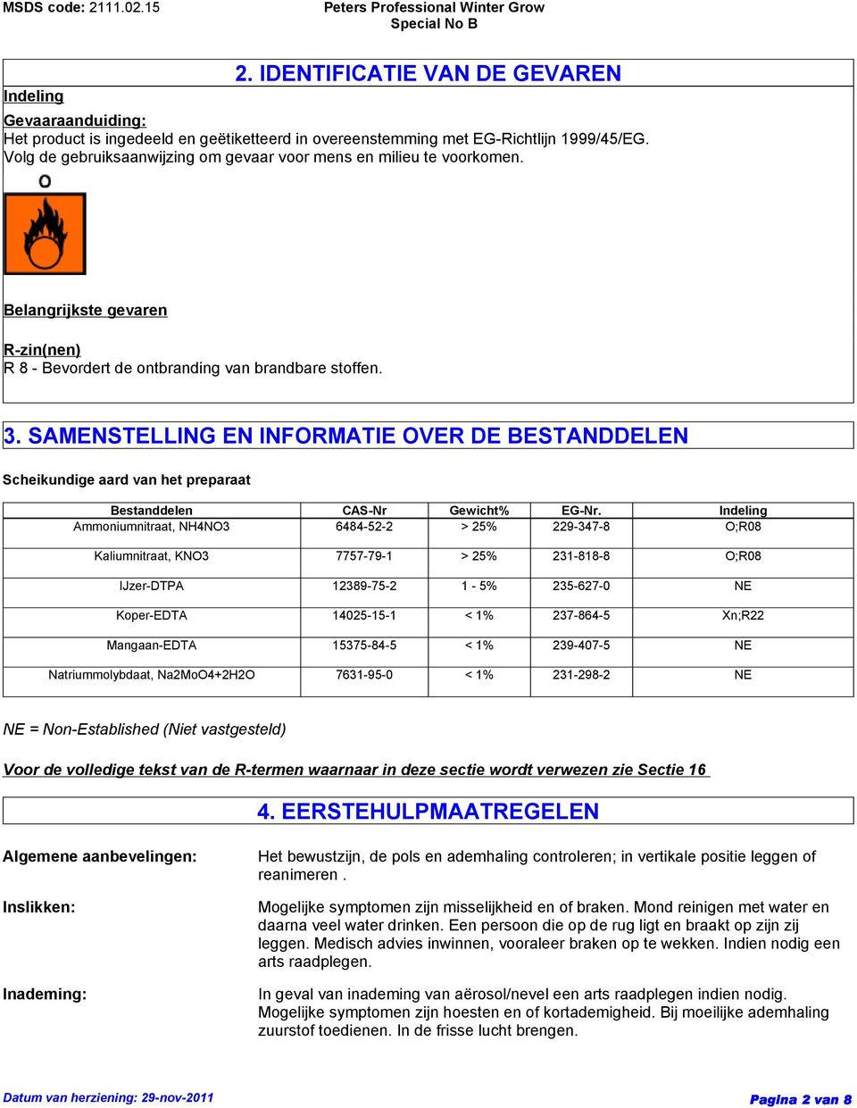 SAMENSTELLING EN INFORMATIE OVER DE BESTANDDELEN Scheikundige aard van het preparaat Bestanddelen CAS-Nr Gewicht% EG-Nr.