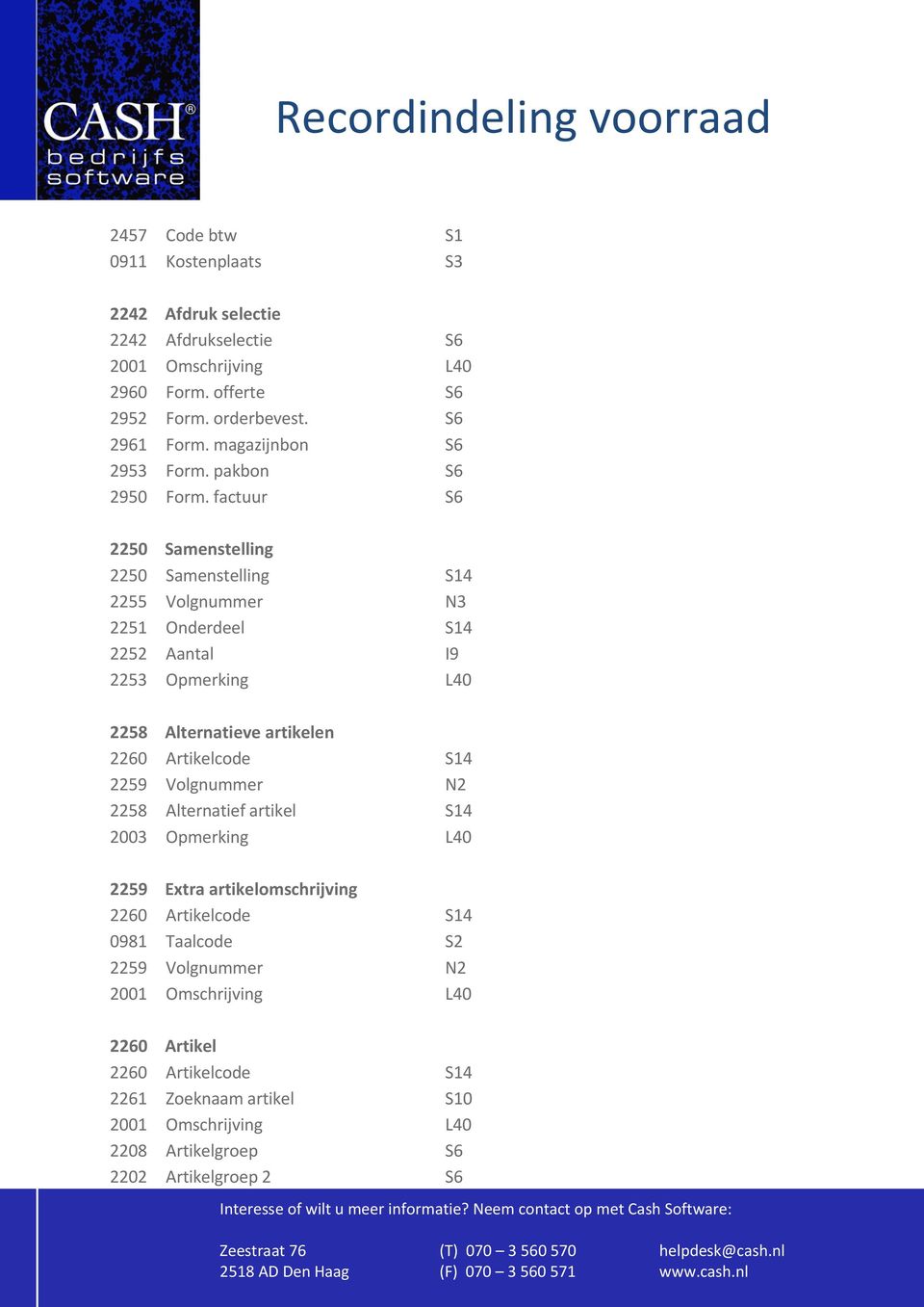 factuur S6 2250 Samenstelling 2250 Samenstelling S14 2255 Volgnummer N3 2251 Onderdeel S14 2252 Aantal I9 2253 Opmerking L40 2258