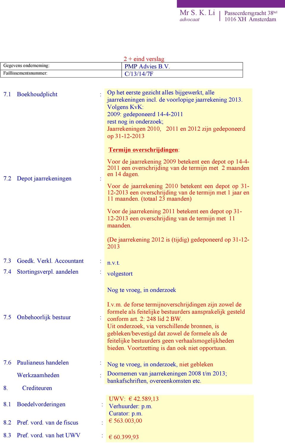 2 Depot jaarrekeningen : Voor de jaarrekening 2009 betekent een depot op 14-4- 2011 een overschrijding van de termijn met 2 maanden en 14 dagen.