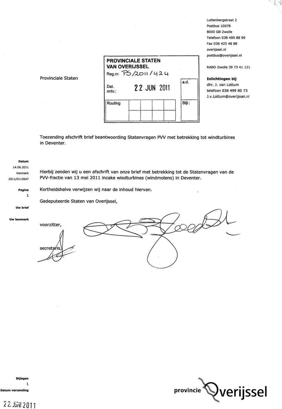 : Toezending afschrift brief beantwoording Statenvragen PW met betrekking tot windturbines in Deventer.