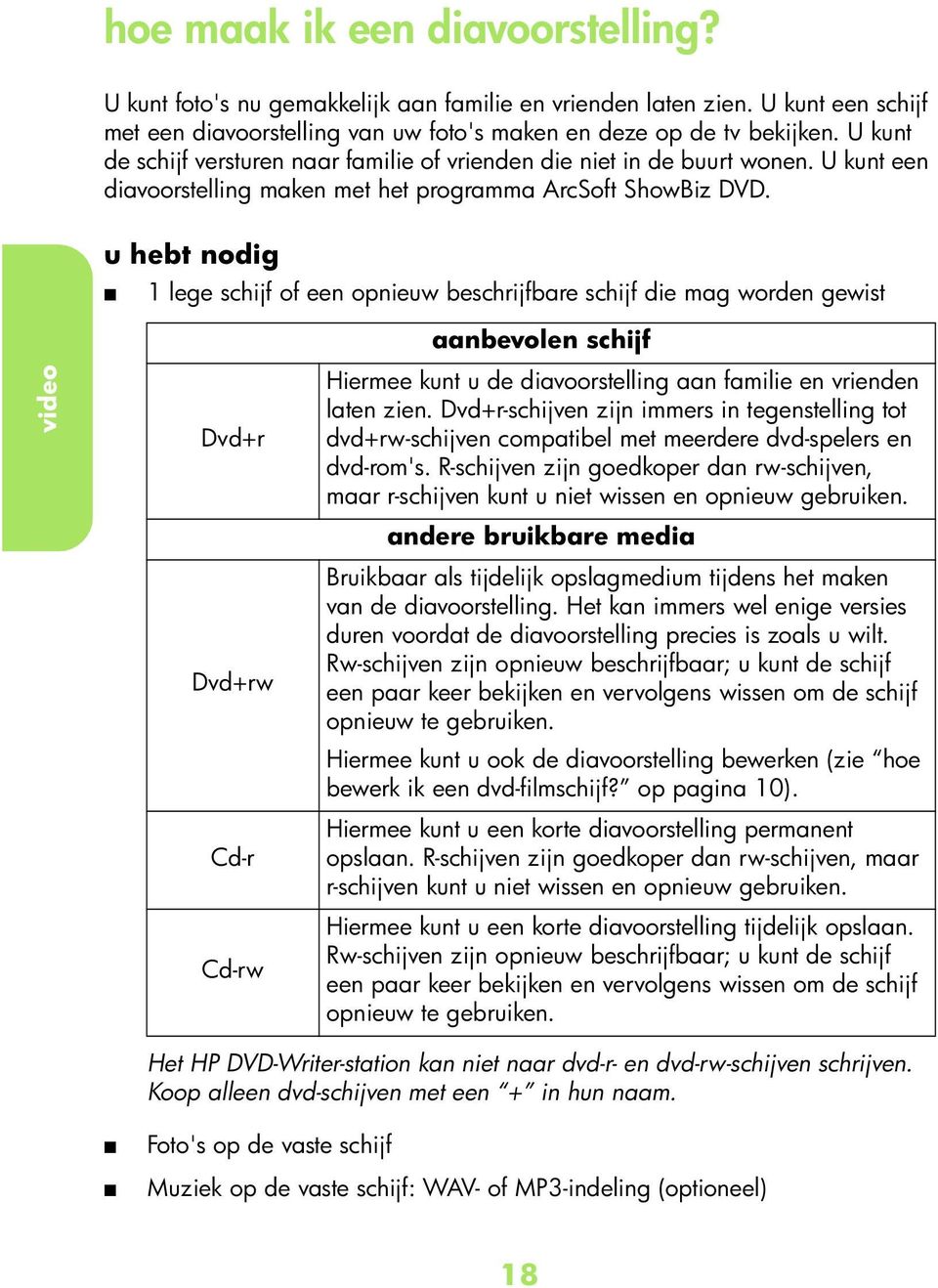 u het noig 1 lege shijf of een opnieuw eshrijfre shijf ie mg woren gewist vieo Dv+r Dv+rw C-r C-rw nevolen shijf Hiermee kunt u e ivoorstelling n fmilie en vrienen lten zien.