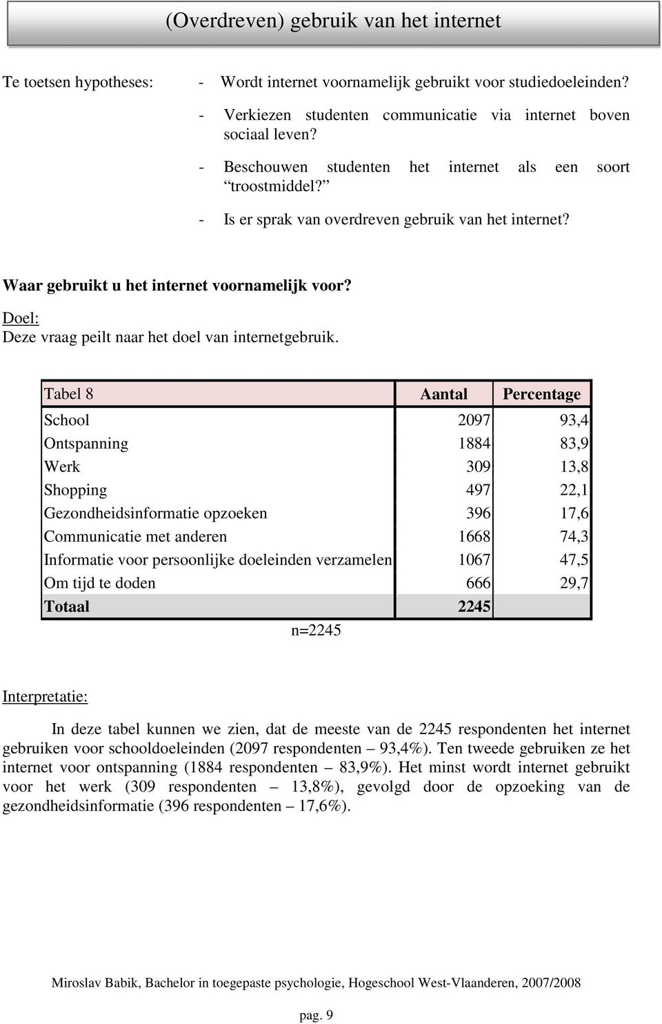 - Is er sprak van overdreven gebruik van het internet? Waar gebruikt u het internet voornamelijk voor? Deze vraag peilt naar het doel van internetgebruik.