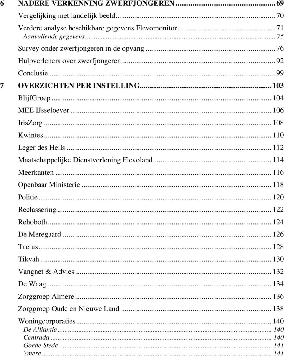 .. 6 IrisZorg... 8 Kwintes... Leger des Heils... Maatschappelijke Dienstverlening Flevoland... 4 Meerkanten... 6 Openbaar Ministerie... 8 Politie... Reclassering... Rehoboth.