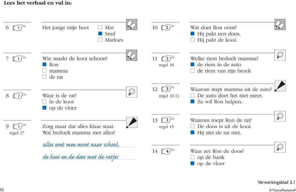 alles wat mee moet naar school, de kooi en de doos met de ratjes 11 2 Welke riem bedoelt mamma?