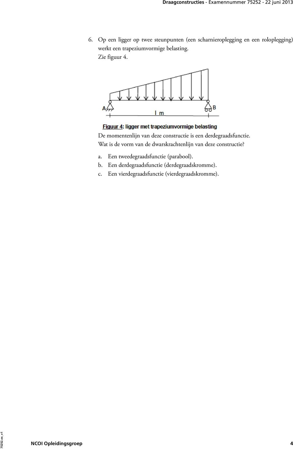 Wat is de vorm van de dwarskrachtenlijn van deze constructie? a. Een tweedegraadsfunctie (parabool). b.