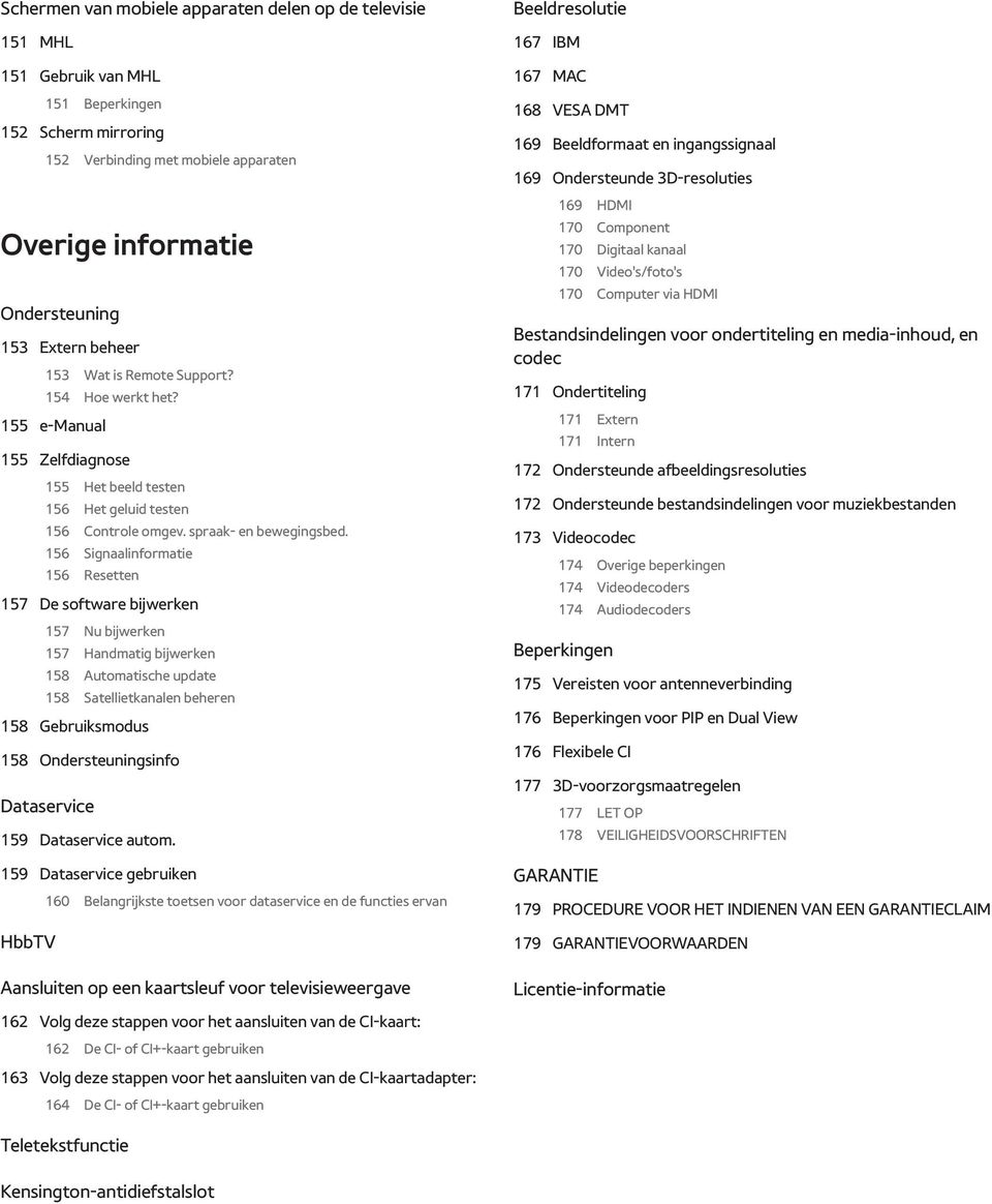 156 Signaalinformatie 156 Resetten 157 De software bijwerken 157 Nu bijwerken 157 Handmatig bijwerken 158 Automatische update 158 Satellietkanalen beheren 158 Gebruiksmodus 158 Ondersteuningsinfo