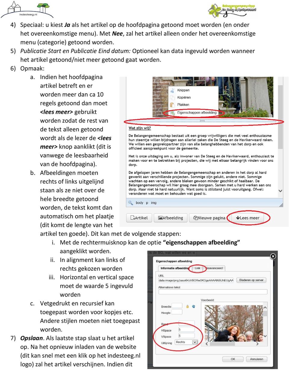 5) Publicatie Start en Publicatie Eind datum: Optioneel kan data ingevuld worden wanneer het artikel getoond/niet meer getoond gaat worden. 6) Opmaak: a.