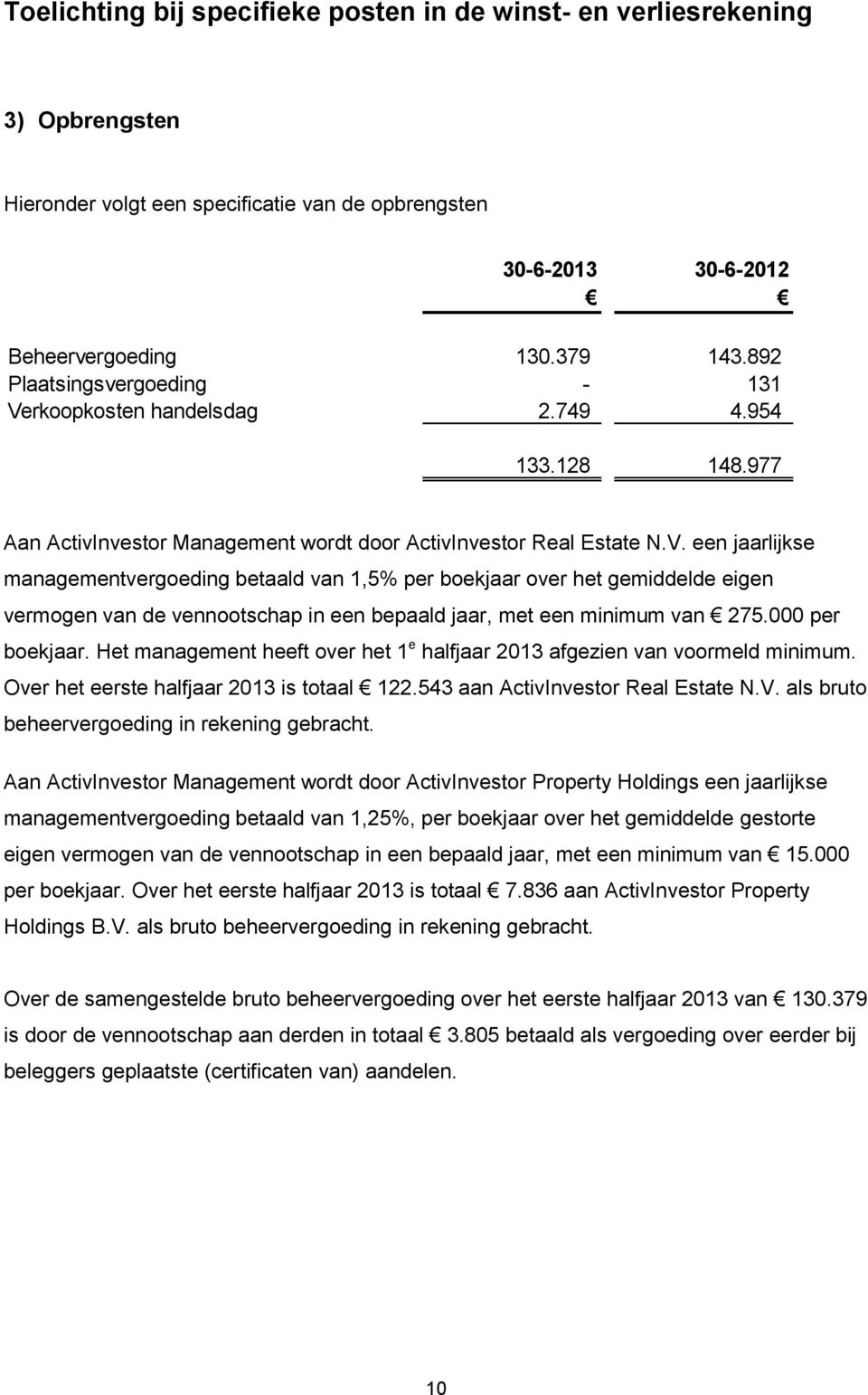 000 per boekjaar. Het management heeft over het 1 e halfjaar 2013 afgezien van voormeld minimum. Over het eerste halfjaar 2013 is totaal 122.543 aan ActivInvestor Real Estate N.V.