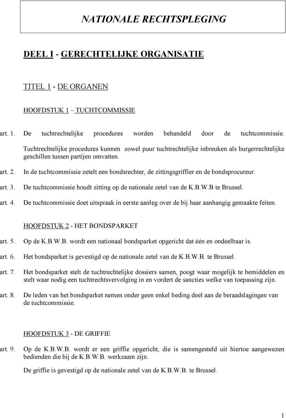 In de tuchtcommissie zetelt een bondsrechter, de zittingsgriffier en de bondsprocureur. De tuchtcommissie houdt zitting op de nationale zetel van de K.B.W.B te Brussel.