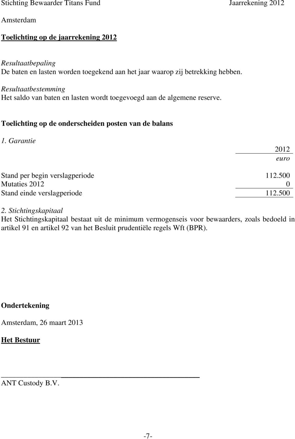 Garantie 2012 euro Stand per begin verslagperiode 112.500 Mutaties 2012 0 Stand einde verslagperiode 112.500 2.