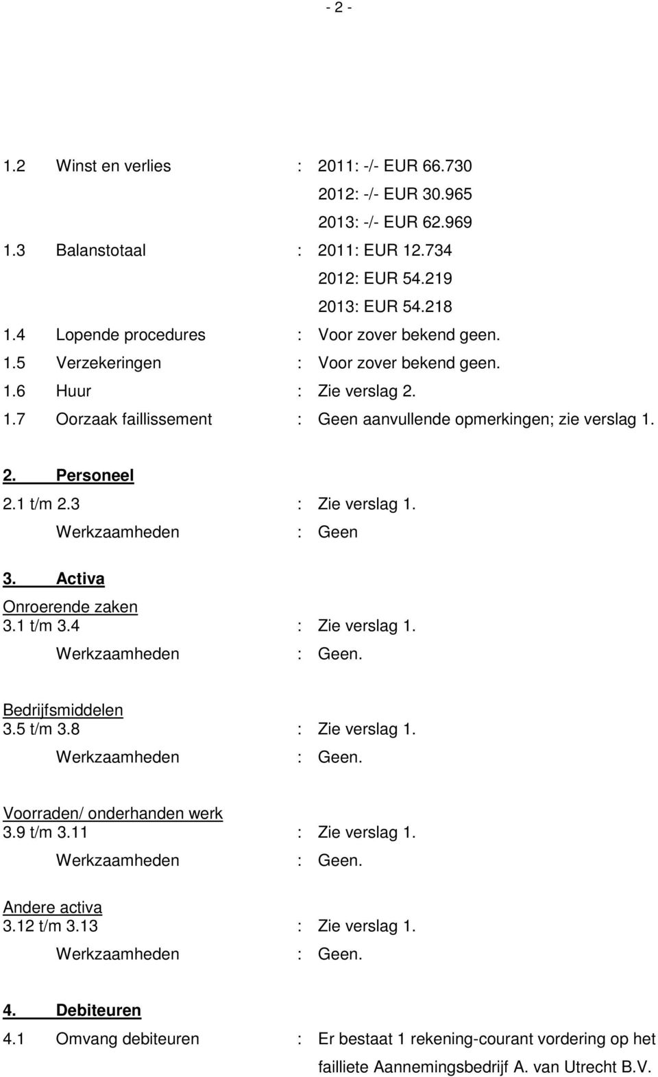 2. Personeel 2.1 t/m 2.3 : Zie verslag 1. : Geen 3. Activa Onroerende zaken 3.1 t/m 3.4 : Zie verslag 1. Bedrijfsmiddelen 3.5 t/m 3.8 : Zie verslag 1. Voorraden/ onderhanden werk 3.