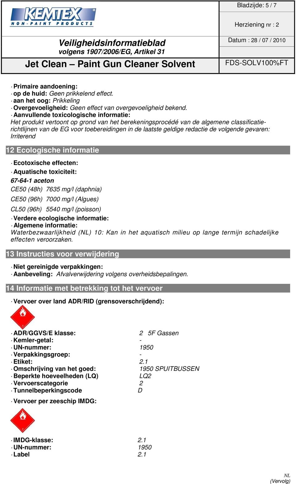 de volgende gevaren: Irriterend 12 Ecologische informatie Ecotoxische effecten: Aquatische toxiciteit: 67-64-1 aceton CE50 (48h) 7635 mg/l (daphnia) CE50 (96h) 7000 mg/l (Algues) CL50 (96h) 5540 mg/l