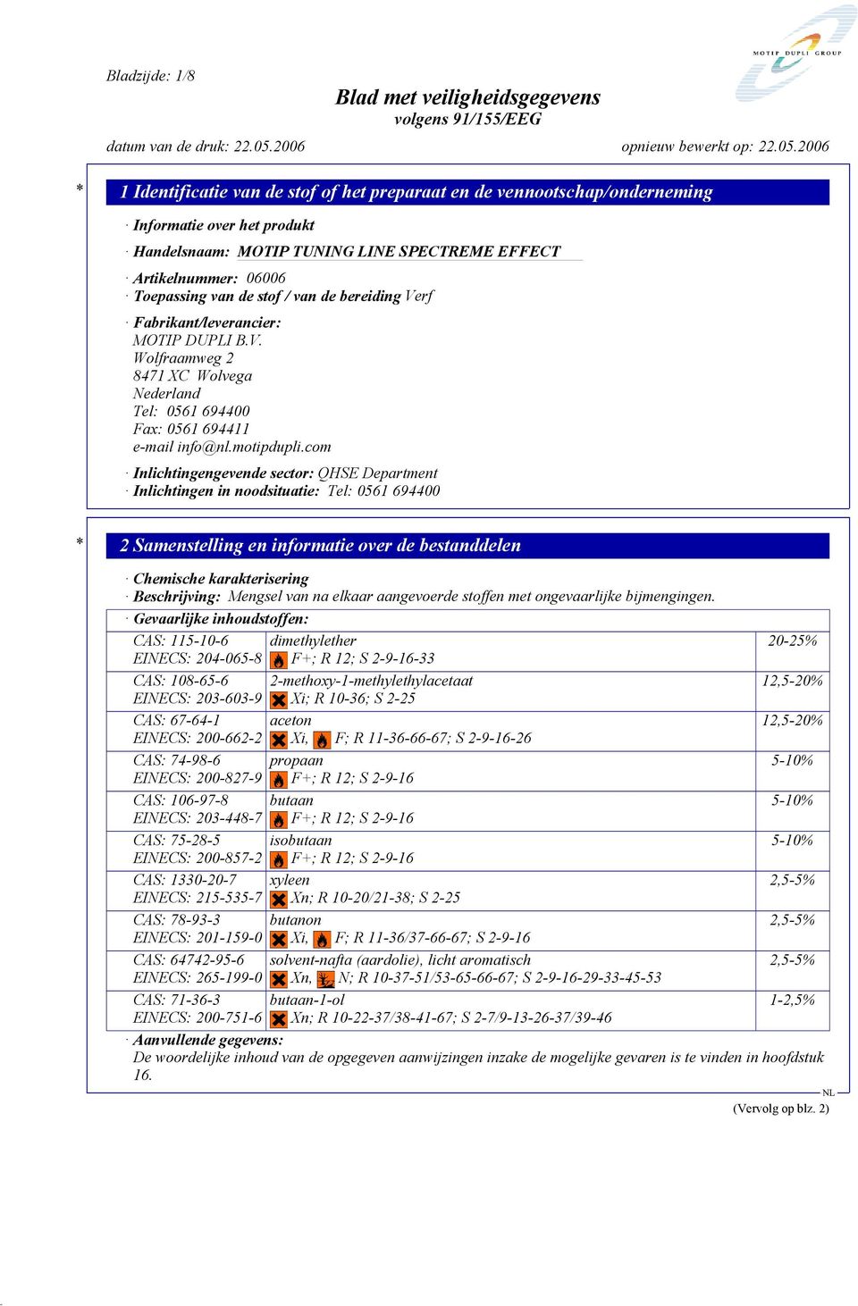 com Inlichtingengevende sector: QHSE Department Inlichtingen in noodsituatie: Tel: 0561 694400 * 2 Samenstelling en informatie over de bestanddelen Chemische karakterisering Beschrijving: Mengsel van