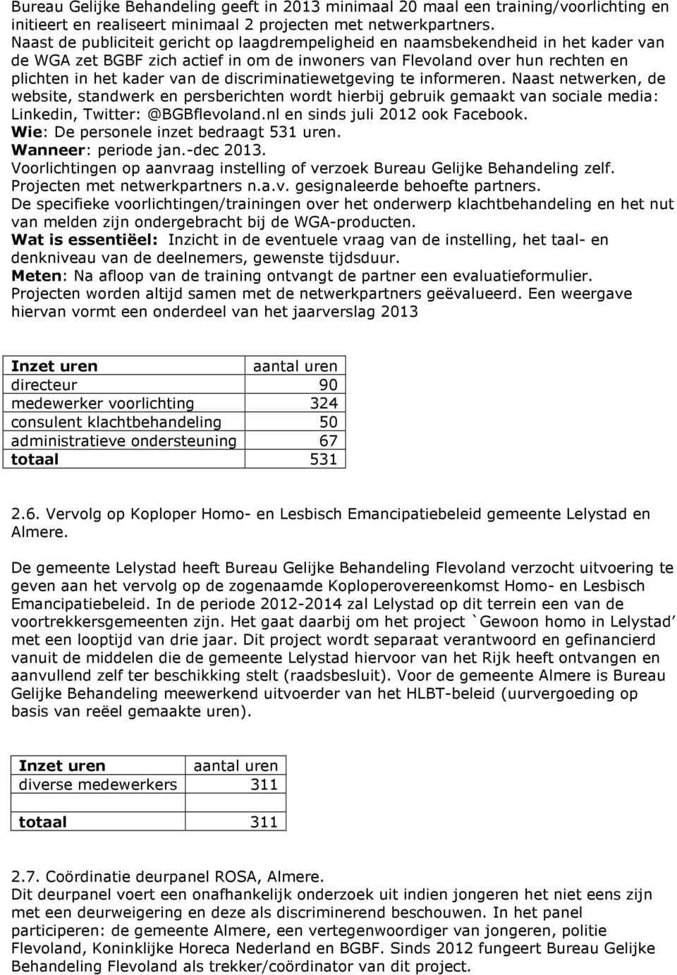 discriminatiewetgeving te informeren. Naast netwerken, de website, standwerk en persberichten wordt hierbij gebruik gemaakt van sociale media: Linkedin, Twitter: @BGBflevoland.