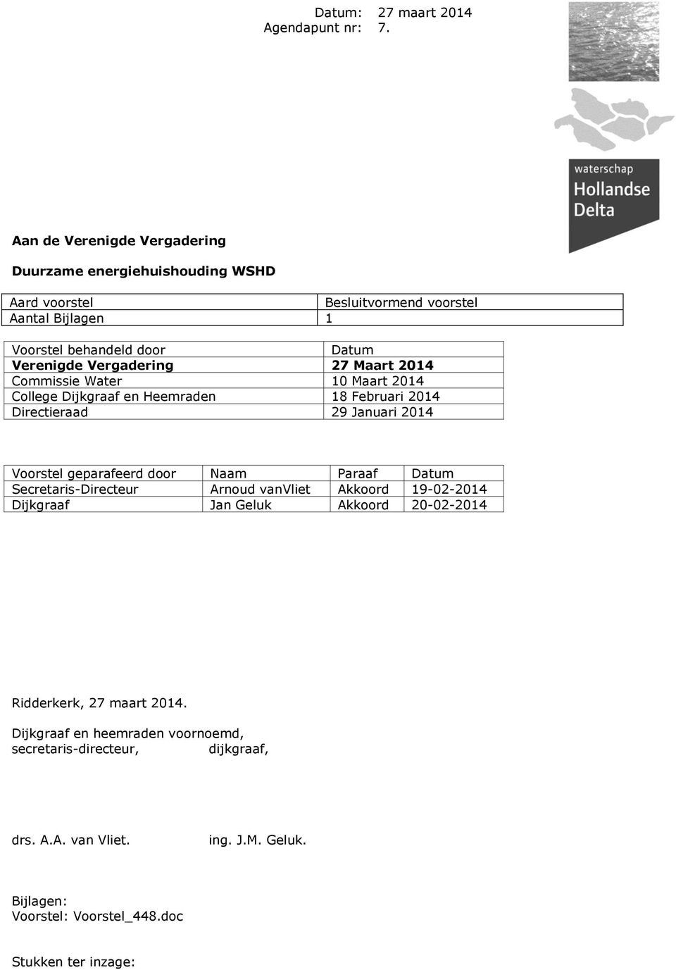 Vergadering 27 Maart 2014 Commissie Water 10 Maart 2014 College Dijkgraaf en Heemraden 18 Februari 2014 Directieraad 29 Januari 2014 Voorstel geparafeerd door Naam