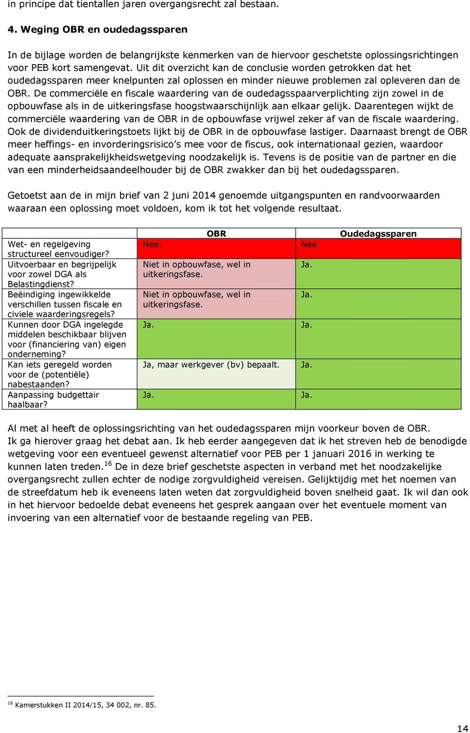 Uit dit overzicht kan de conclusie worden getrokken dat het oudedagssparen meer knelpunten zal oplossen en minder nieuwe problemen zal opleveren dan de OBR.