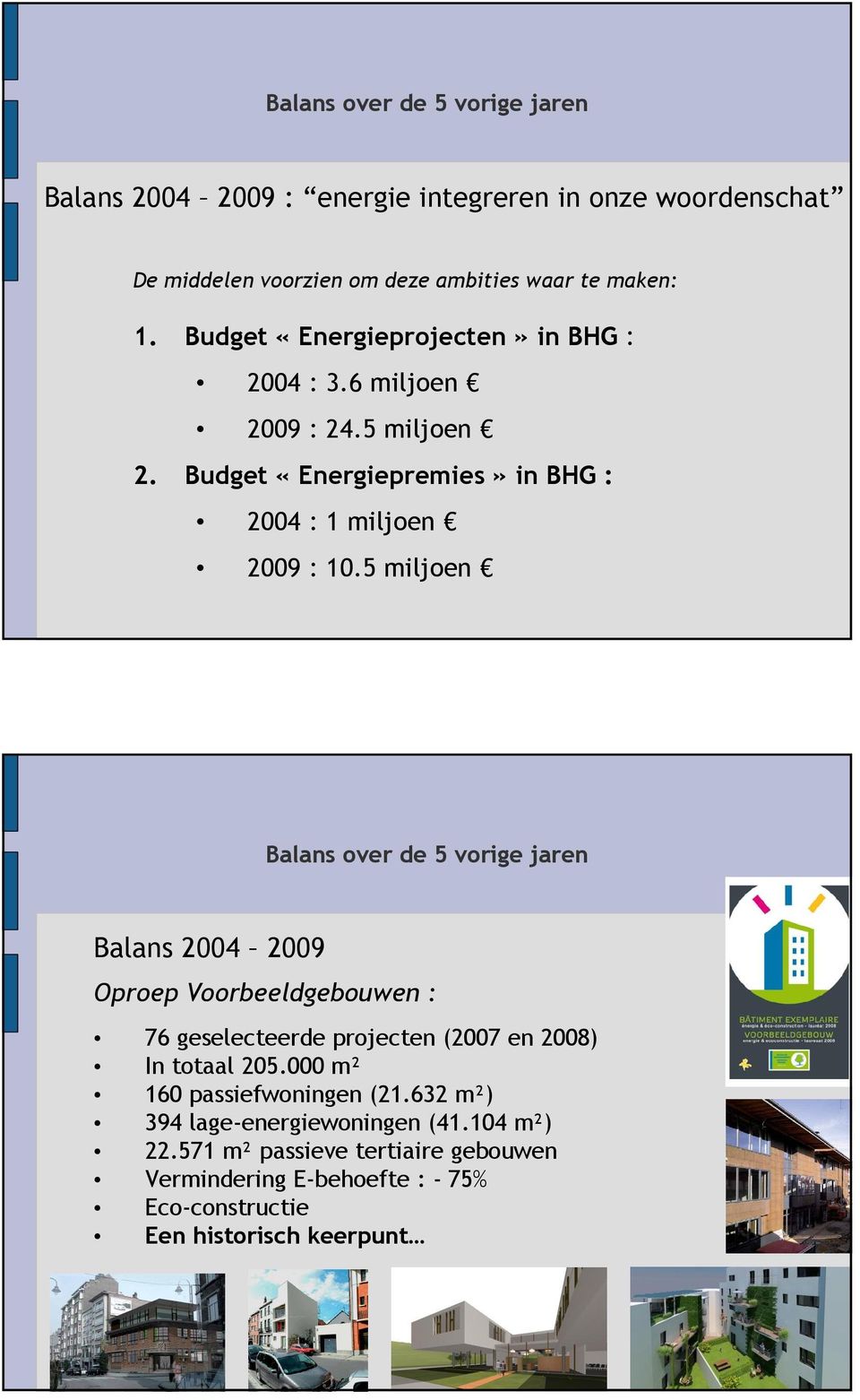 5 miljoen Balans over de 5 vorige jaren Balans 2004 2009 Oproep Voorbeeldgebouwen : 76 geselecteerde projecten (2007 en 2008) In totaal 205.