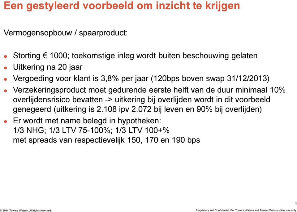 duur minimaal 10% overlijdensrisico bevatten -> uitkering bij overlijden wordt in dit voorbeeld genegeerd (uitkering is 2.108 ipv 2.